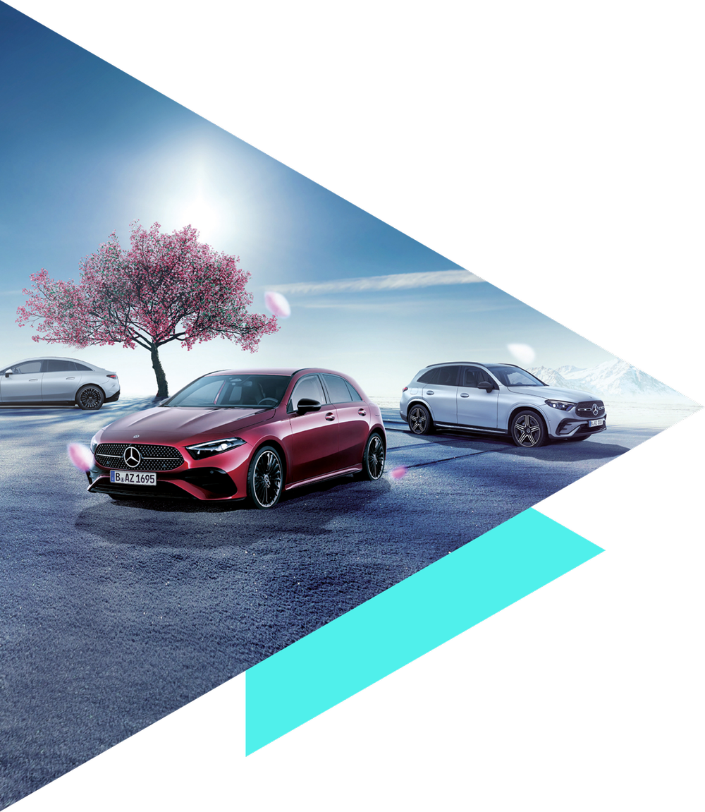 Schneebedeckte Fläche mit drei Mercedes-Benz und rosa blühendem Kirschbaum vor blauem Himmel