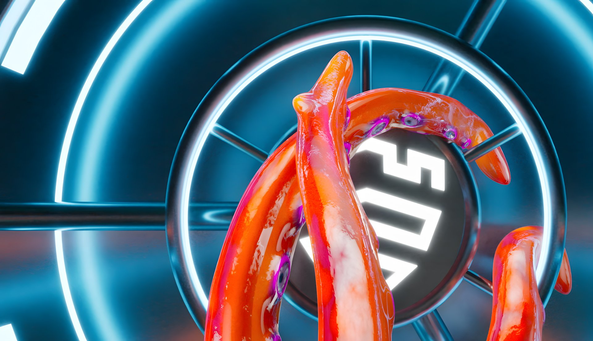 Krakenarme im Animationsstil greifen ins Drehrad einer Tresortür mit Samsung Knox Logo