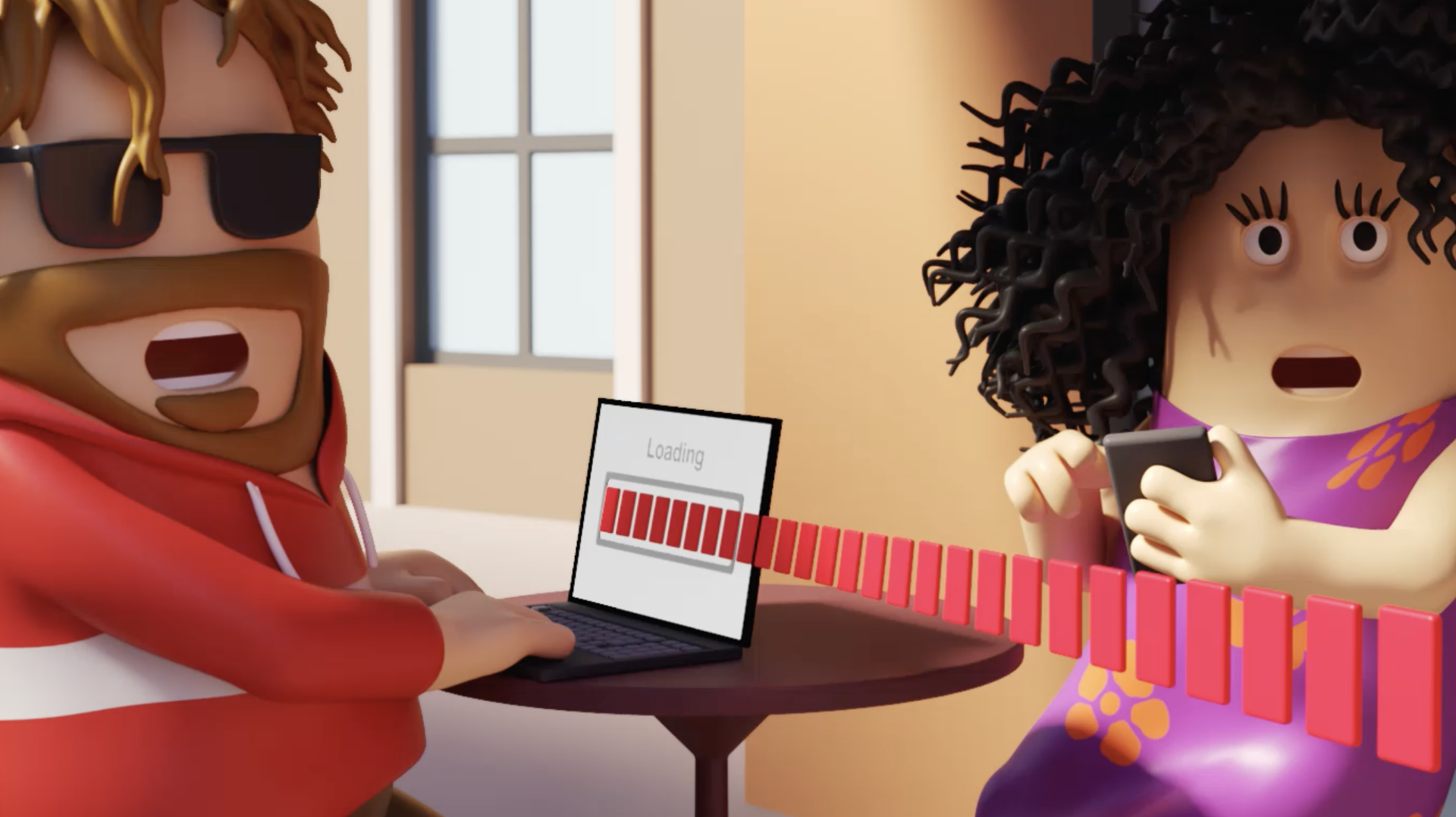 Mann und Frau im Animationsstil, mit Computer, aus dem ein Ladebalken über den Bildschirm hinausschießt
