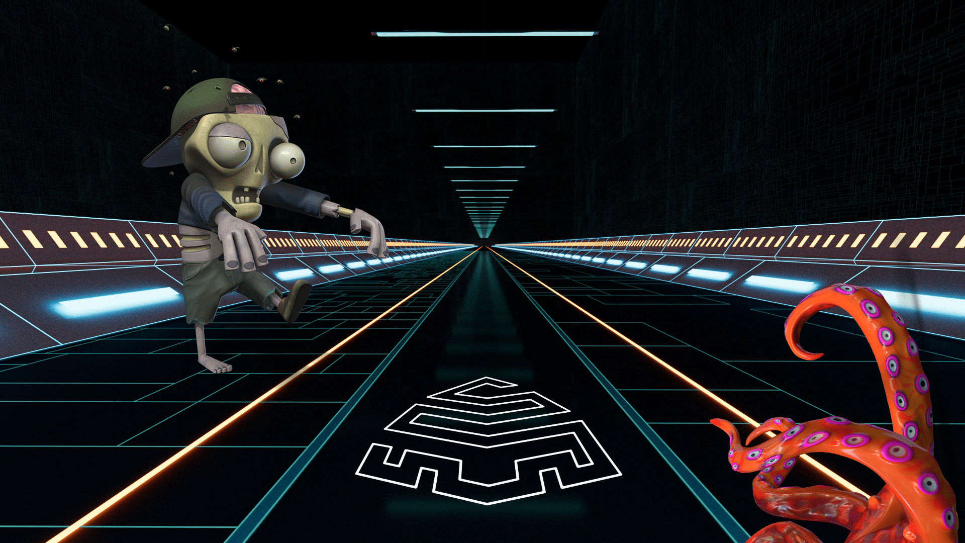 Zombie und Krakenarme im Animationsstil auf Datenstraße mit Wappenschild-Icon