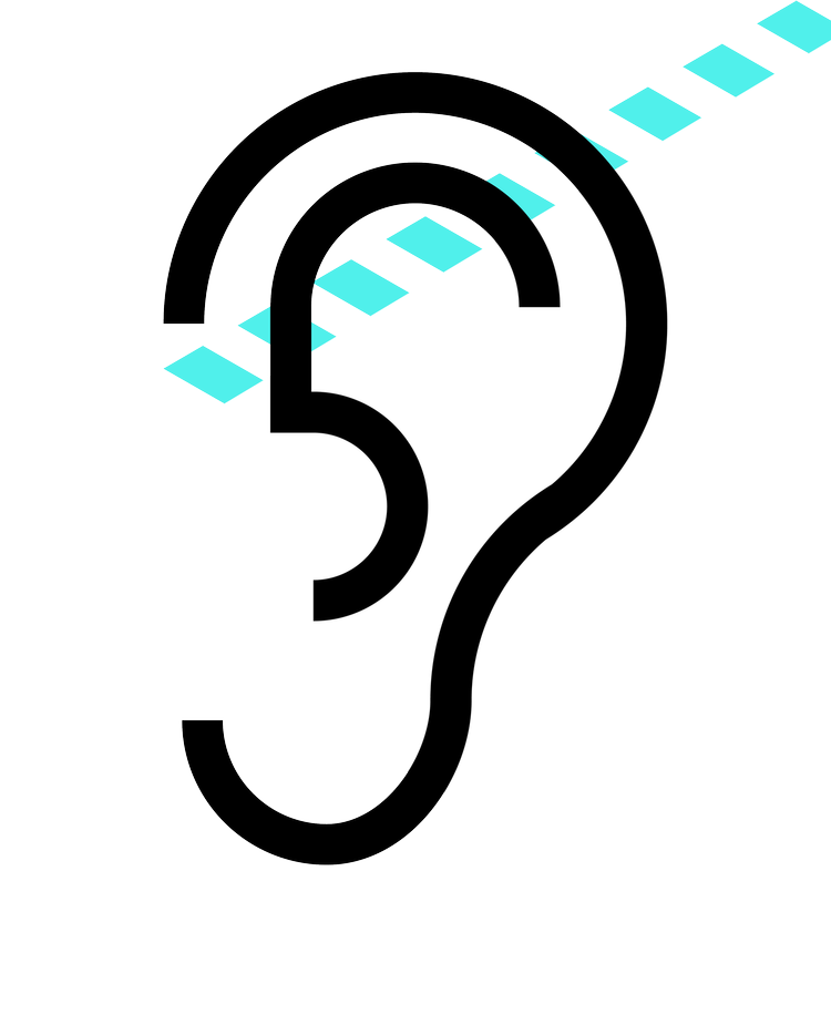 Schwarzes Icon eines Ohres auf grafischem rotem Untergrund mit weißem Dreieck