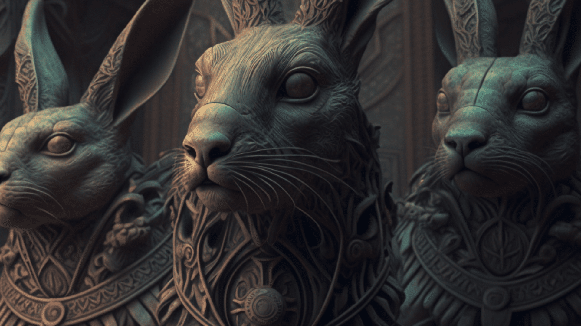 Drei Osterhasenköpfe im verfremdeten KI-Look