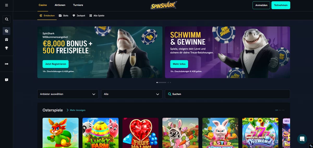 Werbebanner von SpinShark mit Hai im Smoking, Casino-Chips und Willkommensbonus von 8.000 Euro plus 500 Freispiele, ideal für Inhalte über beste online casinos und moderne Bonusangebote.
