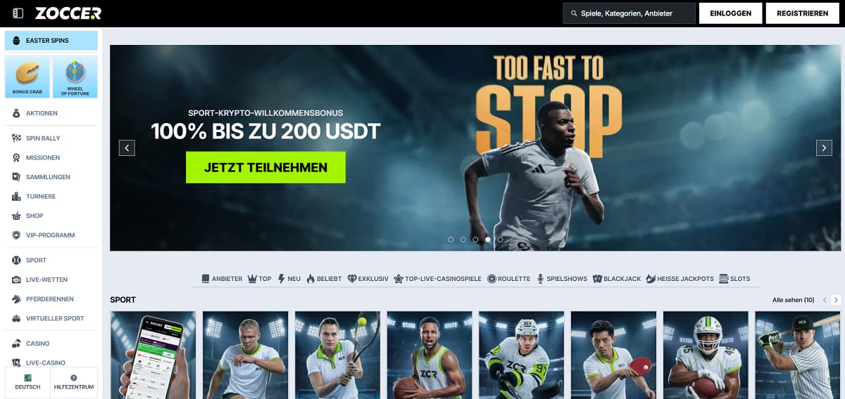 Startseite von Zoccer in deutscher Sprache mit großem Willkommensbonus, Sportler im Banner, Navigationsmenü für Casino- und Sportbereiche sowie Werbeelementen für beste online casinos.